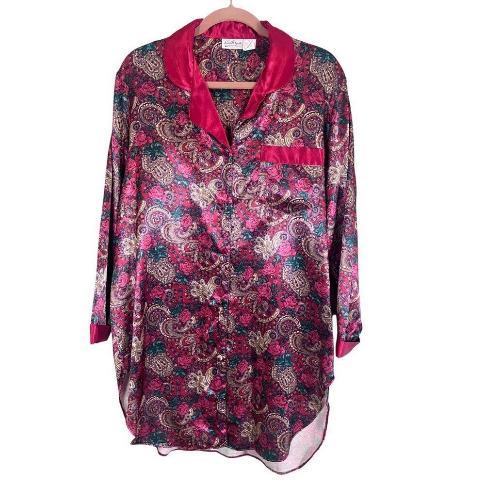 Kathryn Satin Floral Nightgown L Pink Paisley Vtg Boho Western Retro 80s‎